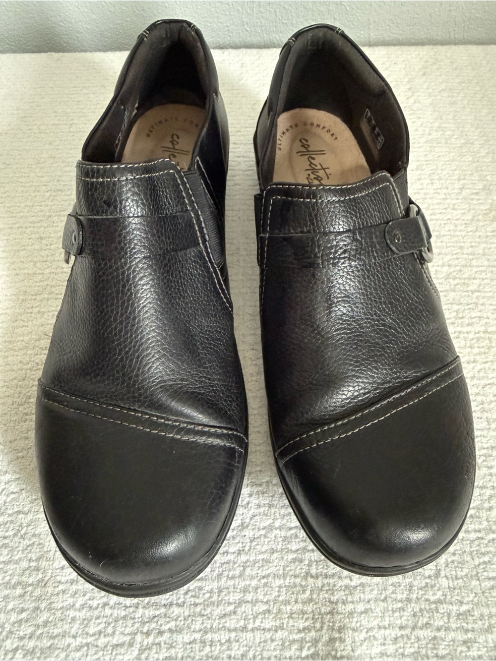 Clarks Black Leather Slip-On Loafers with Buckle Accent